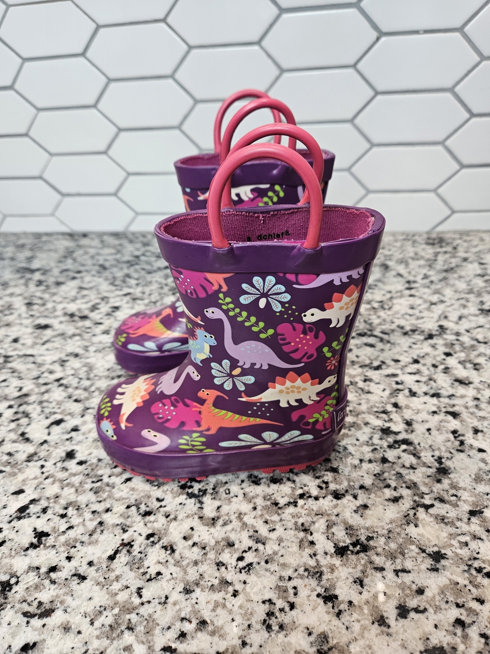 Kids Purple Dinosaur Rain Boots with Pink Handles