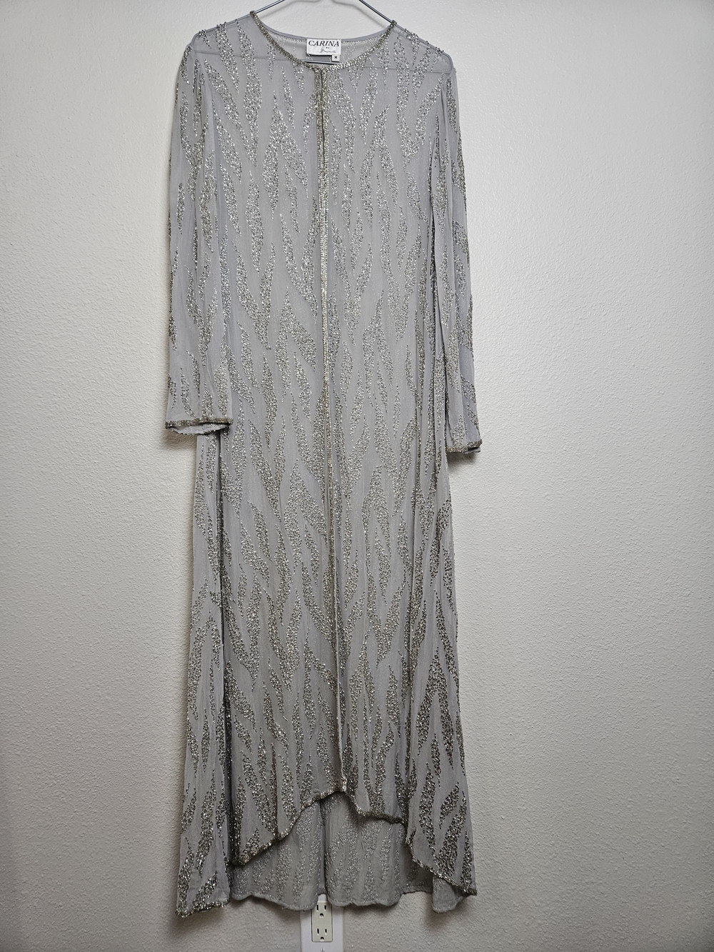 Vintage Carina by Bavy Lee Beaded Duster Coat Jacket Evening Silver Gray Medium