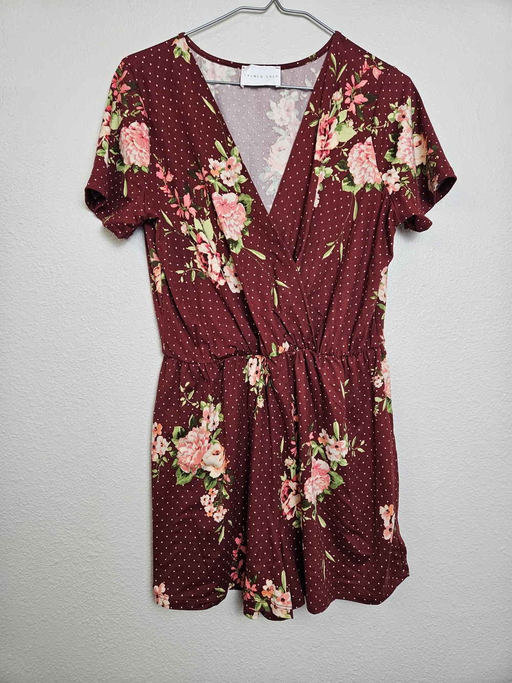 French Grey Burgundy Floral Polka Dot Romper Wrap Front Large