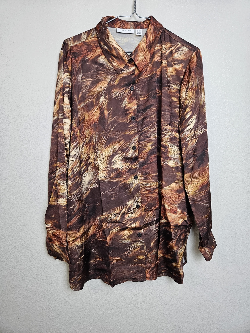 Susan Graver Feather Print Button Front Blouse Brown Rust LP