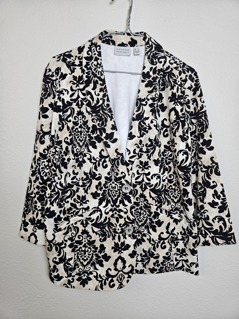 Susan Graver Floral Scroll Black & Cream Damask Blazer Jacket 2 Button Large