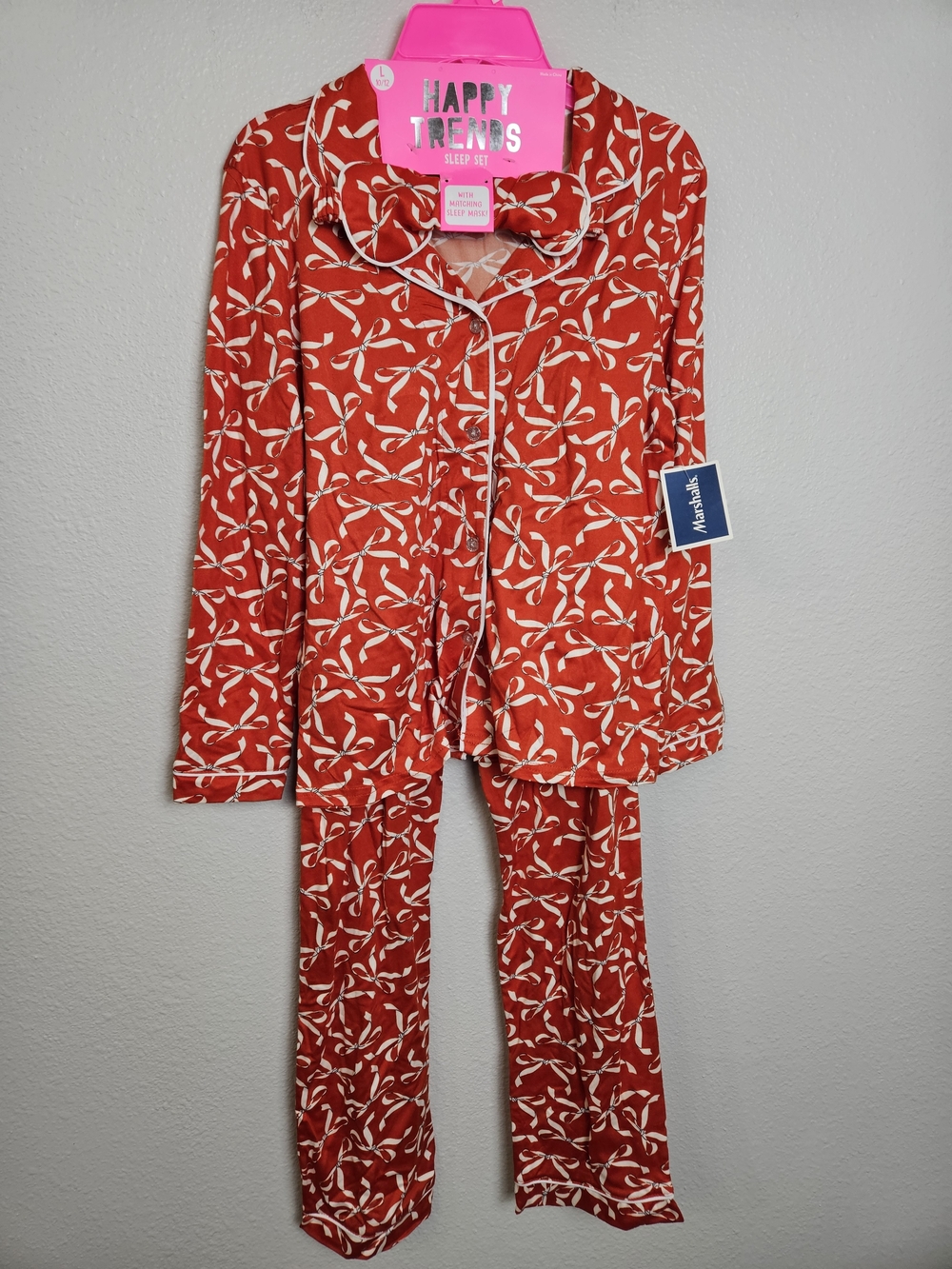 Happy Trends Kids 3 Piece Pajama Set Bow Print Red White Size Large 10/12